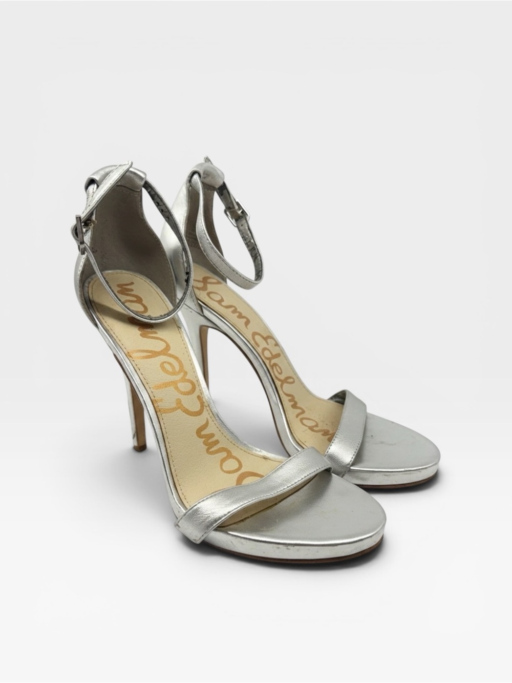 Sam Edelman Patti Metallic Silver Leather Ankle Strap Stiletto Sandals Size 8